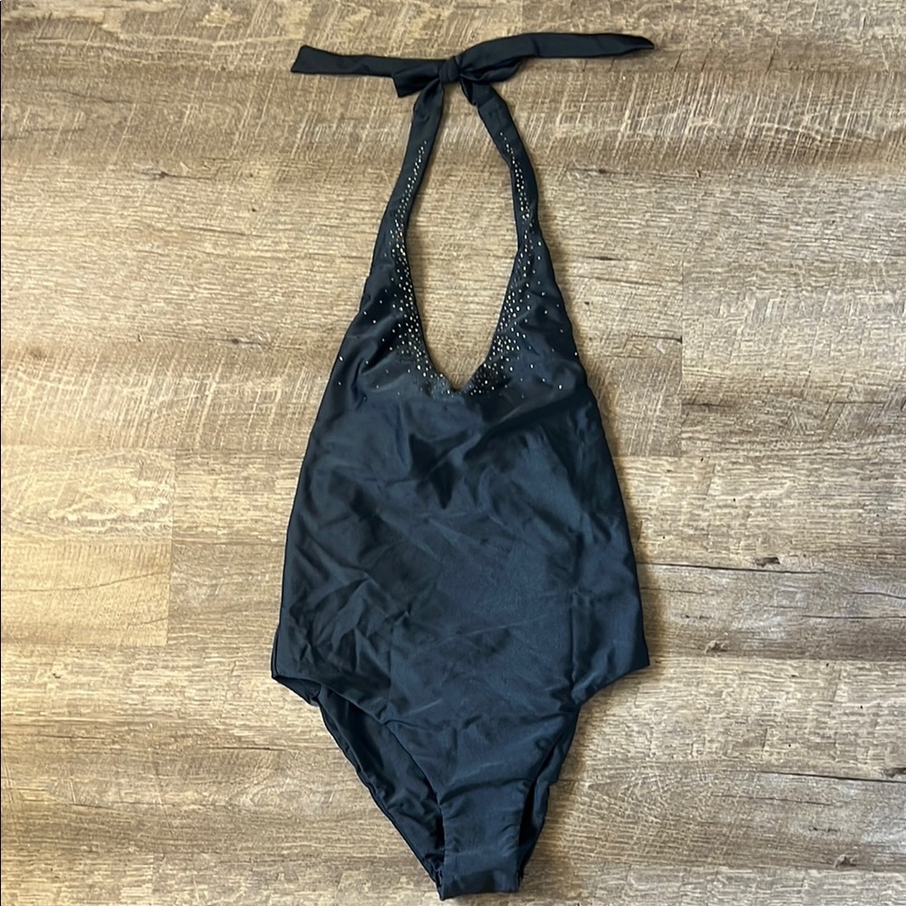 NWT Bellissima Black Pearl Chic Plunging One Piece Swimwear L Swarovski Accent